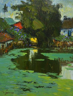 cầu ao nhà hàng xóm - tranh sơn dầu hoạ sĩ đặng đình ngỡ