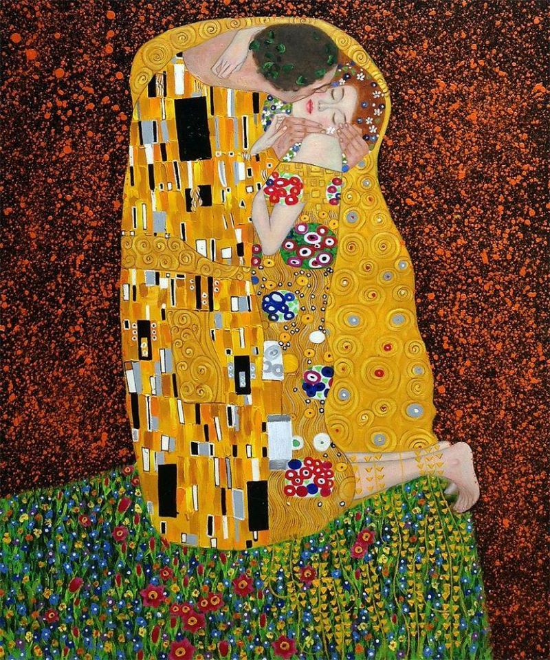 nụ hôn the kiss tranh sơn dầu nổi tiếng thế giới của họa sĩ Gustav Klimt